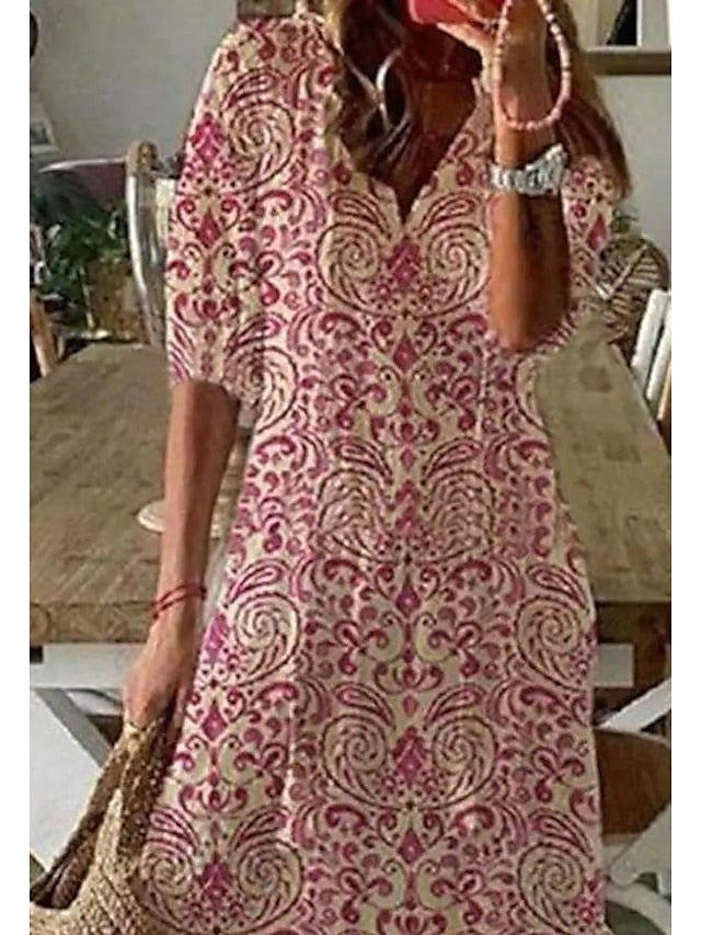 Women's A Line Dress Maxi long Dress Pink Half Sleeve Floral Ethnic Tribe Print Ruched Summer Spring Dress V Neck Stylish Casual Dress 2023 S M L XL XXL 3XL - LuckyFash™