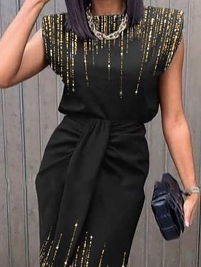 Women's Bodycon Midi Dress Black Short Sleeve Print Sequins Spring Summer High Neck Casual Weekend 2023 S M L XL XXL 3XL - LuckyFash™