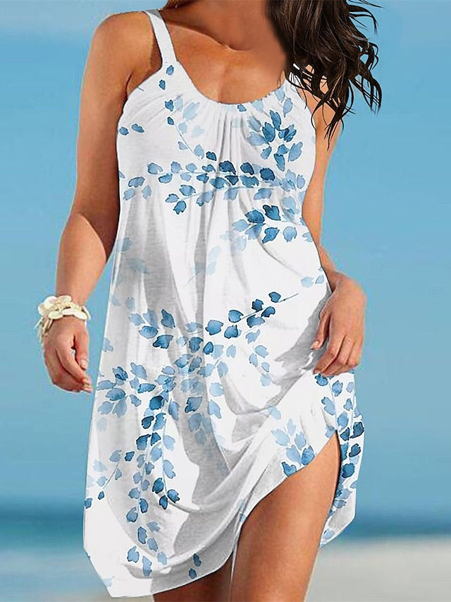 Women's Beach Dress Beach Wear Mini Dress Feather Basic Casual Leaf Spaghetti Strap Sleeveless Regular Fit Outdoor Vacation Light Blue White 2023 Summer Spring S M L XL - LuckyFash™