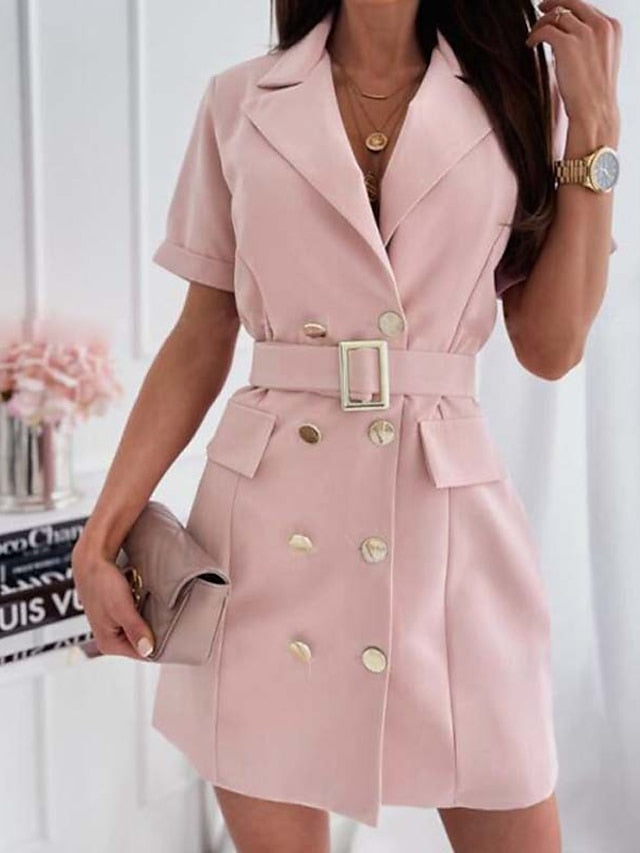 Women's Work Dress Blazer Dress Sheath Dress Mini Dress Black White Pink Short Sleeve Pure Color Lace up Summer Spring Shirt Collar Fashion Loose Fit 2023 S M L XL XXL - LuckyFash™