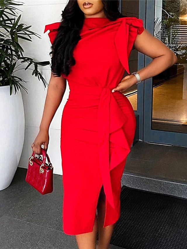 Women's Work Dress Sheath Dress Midi Dress Red Sleeveless Pure Color Ruffle Spring Summer Crew Neck Elegant Dress Party Vacation Slim 2023 S M L XL XXL 3XL - LuckyFash™