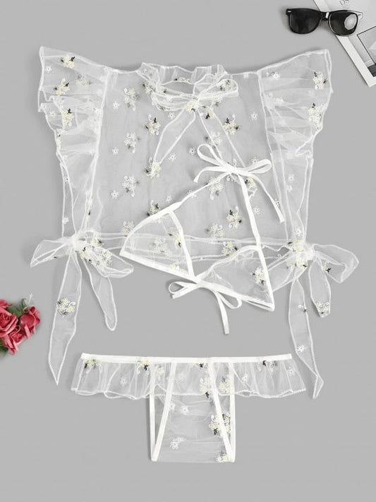 Floral Embroidered Ruffle Tie Mesh Lingerie Set - LuckyFash™