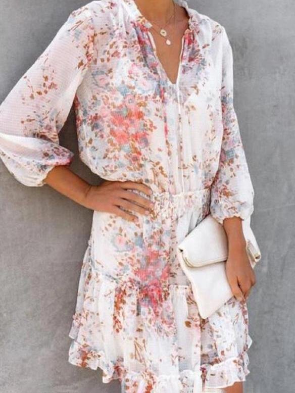 Floral Print 3/4 Sleeves A-line Casual Skater Dresses - LuckyFash™
