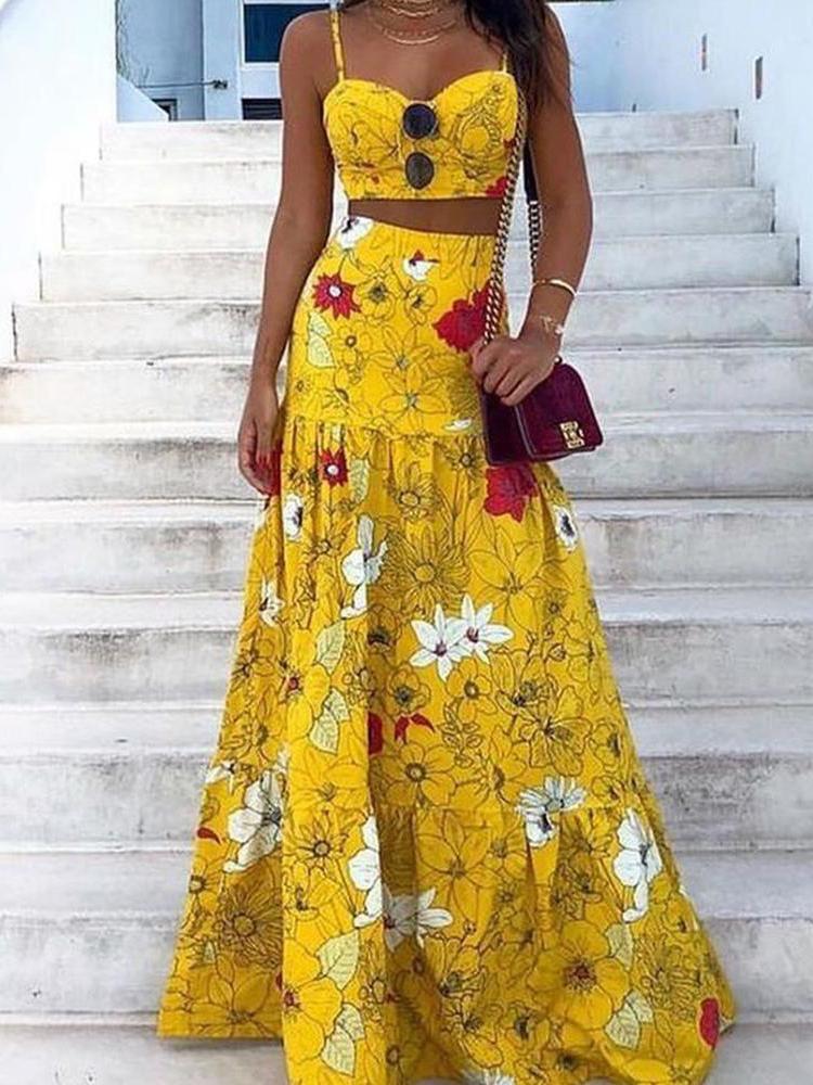 Floral Print Crop Top & Maxi Skirt Set - LuckyFash™