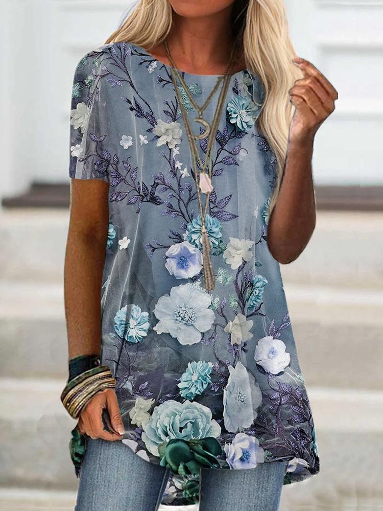 Floral Print Loose Short Sleeve Top - LuckyFash™