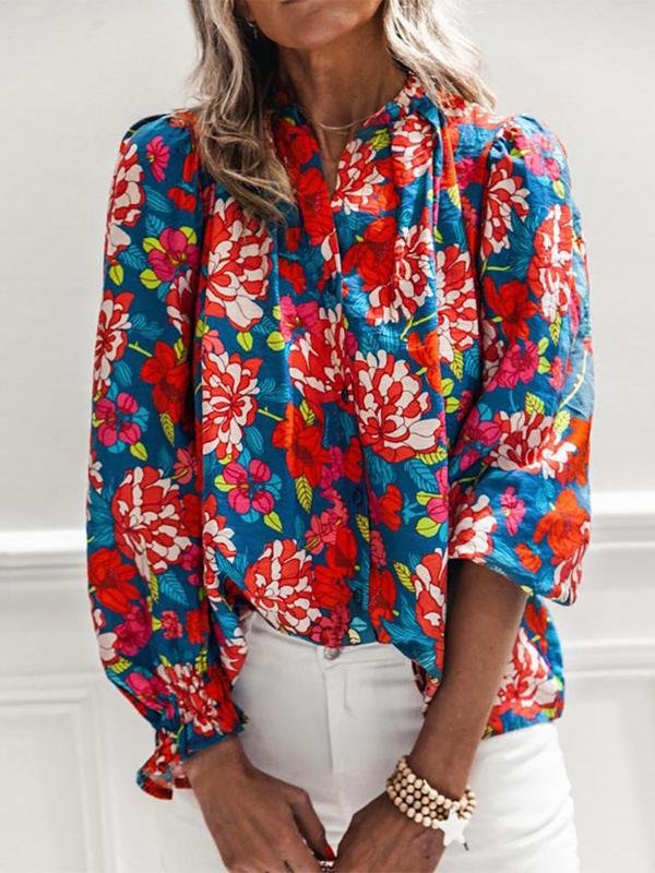 Floral Print Stand-Up Collar Long Sleeve Blouses - LuckyFash™