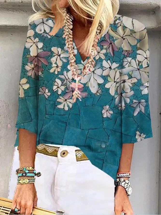 Floral Print Three-quarter Sleeve Loose V-neck Pullover T-shirt - LuckyFash™