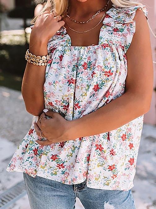 Floral Square Neck Sleeveless Loose Tank Tops - LuckyFash™