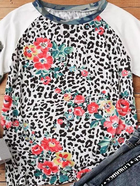 Flower Leopard Print Short Sleeve Crew Neck T-Shirt - LuckyFash™