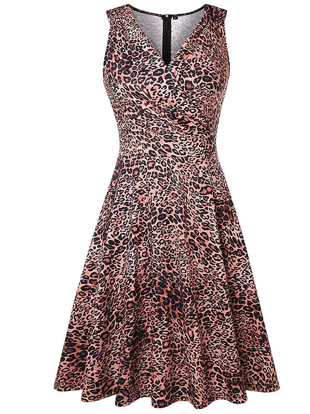 Women's Work Dress Black Dress Semi Formal Dress Fashion Mini Dress Ruched Print V Neck Sleeveless Leopard Slim Leopard Black Wine Spring Summer S M L XL XXL - LuckyFash™