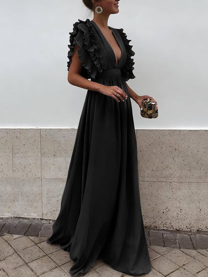 Flying Sleeves V-neck Open Back Solid Long Flowy Dress - LuckyFash™