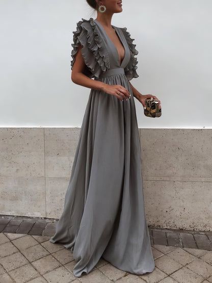 Flying Sleeves V-neck Open Back Solid Long Flowy Dress - LuckyFash™