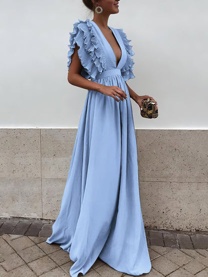 Flying Sleeves V-neck Open Back Solid Long Flowy Dress - LuckyFash™