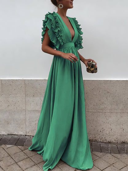 Flying Sleeves V-neck Open Back Solid Long Flowy Dress - LuckyFash™