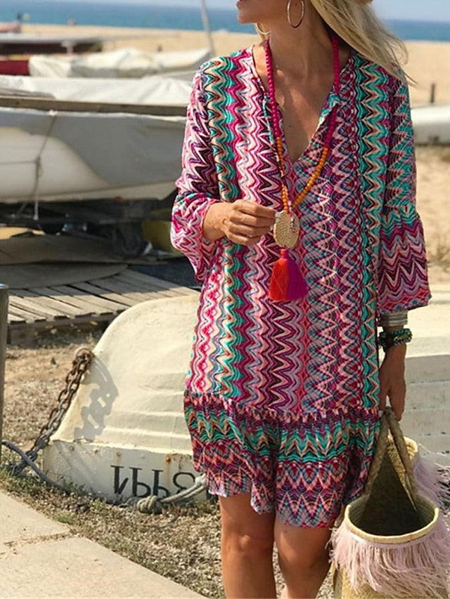 Women's Beach Dress Beach Wear Midi Dress Print Modern Casual Color Block V Neck Long Sleeve Loose Fit Outdoor Daily Pink 2023 Summer Spring S M L XL - LuckyFash™