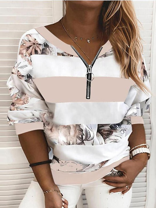 Women's Blouse Yellow Pink Dark Blue Floral Striped Zipper Print Long Sleeve Daily Going out Casual V Neck Regular L - LuckyFash™