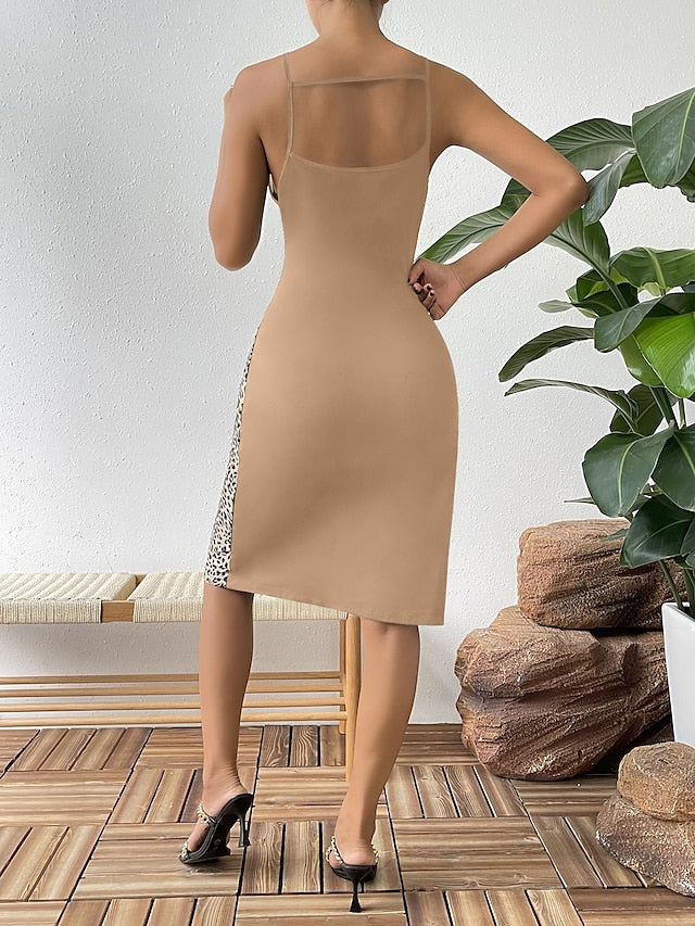 Women's Work Dress Sheath Dress Elegant Mini Dress Cut Out Print Crew Neck Sleeveless Leopard Color Block Regular Fit Black Brown Khaki Summer S M L XL - LuckyFash™