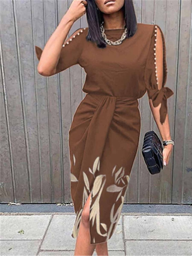 Women's Work Dress Sheath Dress Semi Formal Dress Fashion Midi Dress Cut Out Print Crew Neck Half Sleeve Floral Regular Fit Brown Green Summer Spring S M L XL XXL - LuckyFash™