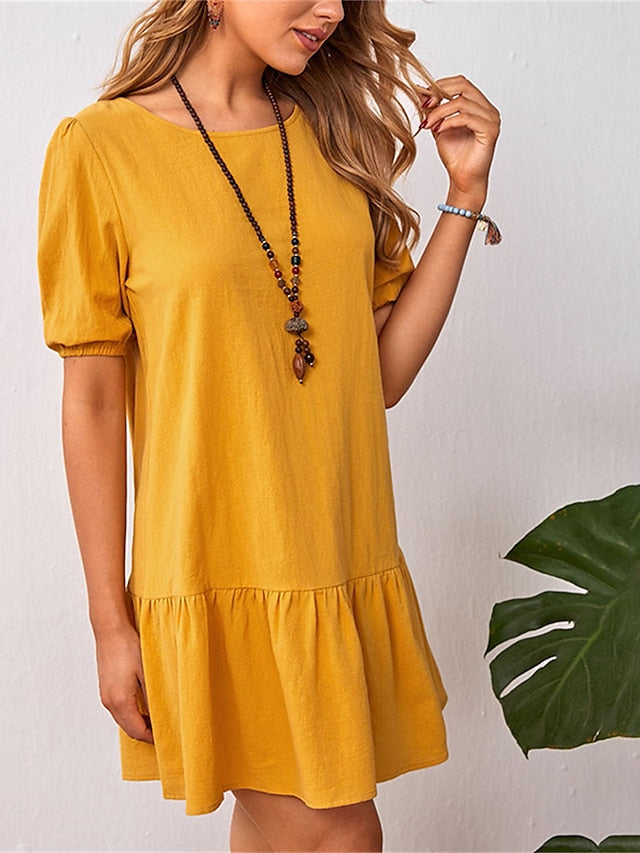 Women's Cotton Linen Dress Casual Dress Mini Dress Cotton Blend Basic Casual Outdoor Daily Crew Neck Ruched Short Sleeve Summer Spring 2023 Loose Fit Black Yellow Sky Blue Plain S M L XL 2XL - LuckyFash™