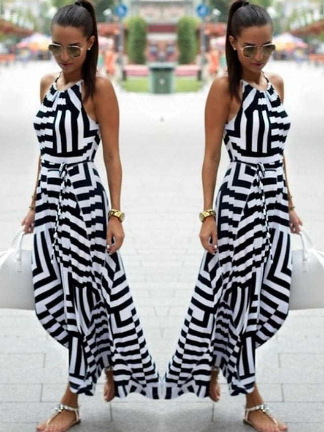 Women's Work Dress A Line Dress Fashion Long Dress Maxi Dress Print Halter Sleeveless Stripe Regular Fit Black Summer S M L XL - LuckyFash™