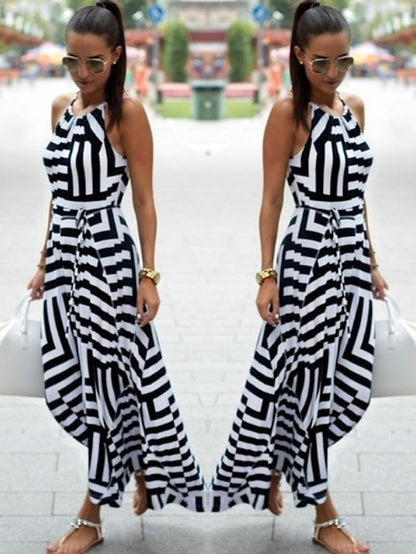 Women's Work Dress A Line Dress Fashion Long Dress Maxi Dress Print Halter Sleeveless Stripe Regular Fit Black Summer S M L XL - LuckyFash™