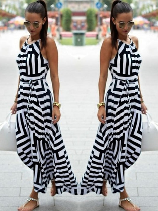 Women's Work Dress A Line Dress Fashion Long Dress Maxi Dress Print Halter Sleeveless Stripe Regular Fit Black Summer S M L XL - LuckyFash™