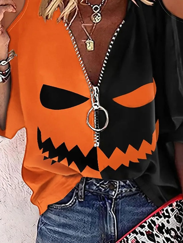 Women's Shirt Blouse Orange Pumpkin Ghost Cut Out Quarter Zip 3/4 Length Sleeve Halloween Weekend Streetwear Casual V Neck Regular S - LuckyFash™