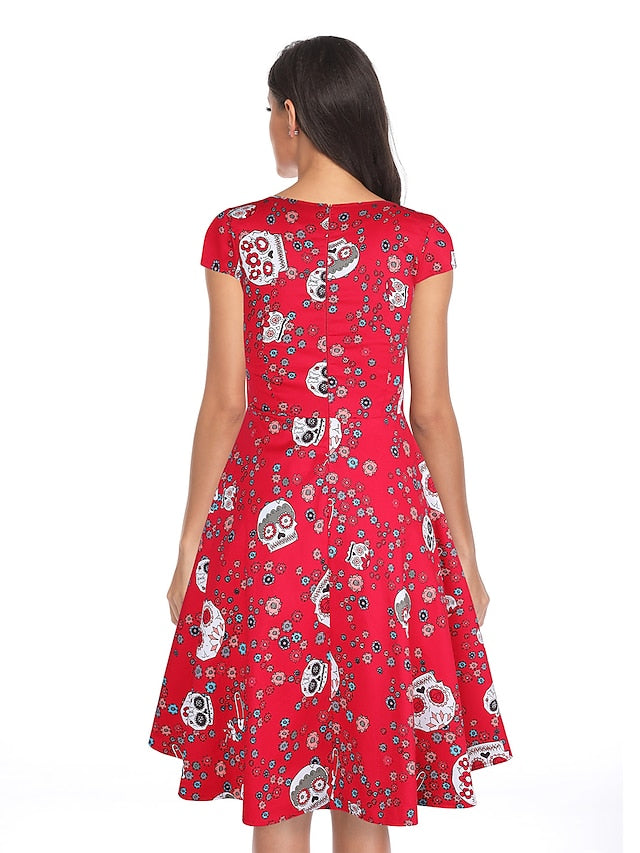 Women's 1950s Vintage Vintage Dress Midi Dress Going out Summer Dress Print Bull One Shoulder Short Sleeve Regular Fit Summer Spring 2023 Red S M L XL - LuckyFash™