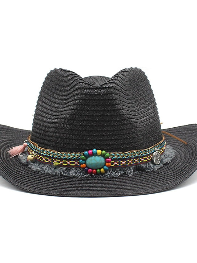 1pcs Elegant Tassel Beach Hats For Women Holiday Hats Ladies Sun Hat Summer Straw Hats Foldable Travel Couple Cowboy Visor Hat - LuckyFash™