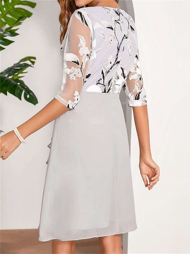 Women's Work Dress Chiffon Dress Semi Formal Dress Fashion Midi Dress Mesh Print Crew Neck 3/4 Length Sleeve Floral Regular Fit Gray Spring Summer S M L XL XXL - LuckyFash™