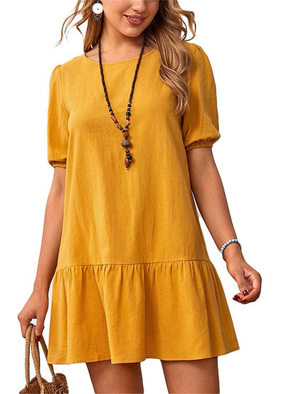 Women's Cotton Linen Dress Casual Dress Mini Dress Cotton Blend Basic Casual Outdoor Daily Crew Neck Ruched Short Sleeve Summer Spring 2023 Loose Fit Black Yellow Sky Blue Plain S M L XL 2XL - LuckyFash™