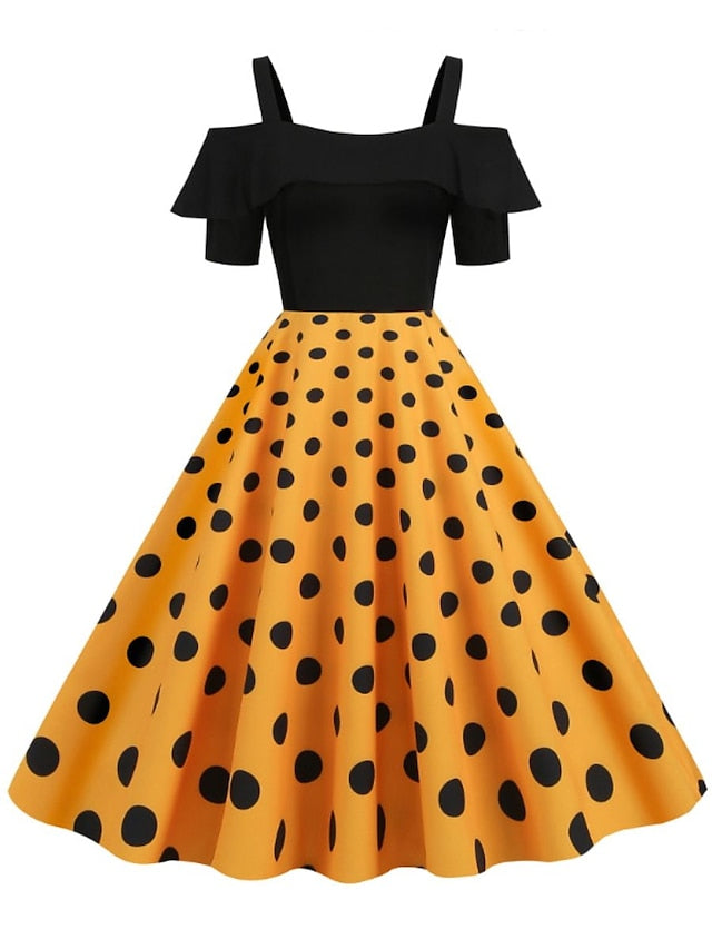 Women's 1950s Vintage Vintage Dress Midi Dress Holiday Date Ruched Print Polka Dot Spaghetti Strap Short Sleeve Regular Fit Summer Spring 2023 Black Yellow S M L XL - LuckyFash™