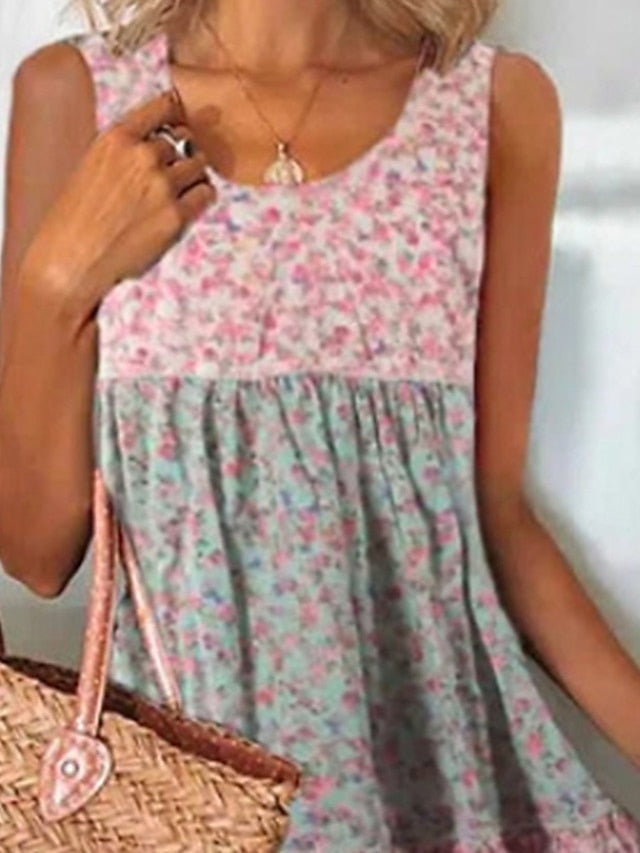 Women's Casual Dress Floral Dress Summer Dress Floral Ruched Ruffle Crew Neck Mini Dress Basic Modern Outdoor Daily Sleeveless Loose Fit Pink Spring Summer S M L XL XXL - LuckyFash™