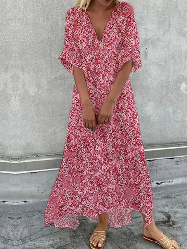 Women's A Line Dress Maxi long Dress Pink Short Sleeve Floral Print Ruched Swing Dress Spring Summer Dress V Neck Romantic Vacation 2023 S-3XL - LuckyFash™