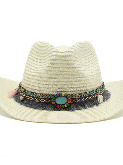 1pcs Elegant Tassel Beach Hats For Women Holiday Hats Ladies Sun Hat Summer Straw Hats Foldable Travel Couple Cowboy Visor Hat - LuckyFash™