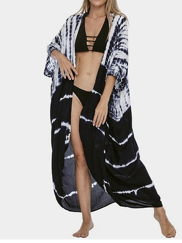 Women's Beach Dress Beach Wear Long Dress Maxi Dress Lace up Basic Casual Tie Dye Open Front 3/4 Length Sleeve Loose Fit Outdoor Daily Black White 2023 Summer Spring One Size - LuckyFash™