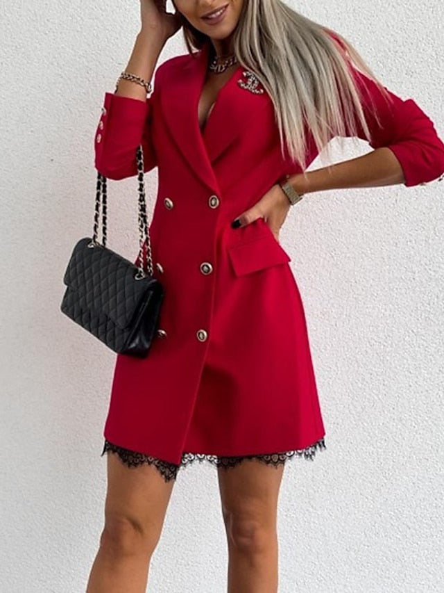 Women's Work Dress Blazer Dress Black Red Green Long Sleeve Solid Color Lace Fall Winter Turndown Streetwear 2023 S M L XL XXL - LuckyFash™