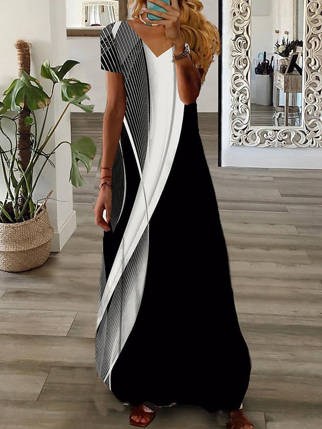 Women's Long Dress Maxi Dress Casual Dress Print Dress Graphic Fashion Modern Daily Holiday Vacation Print Short Sleeve V Neck Dress Regular Fit Black White Pink Summer Spring XS S M L XL - LuckyFash™