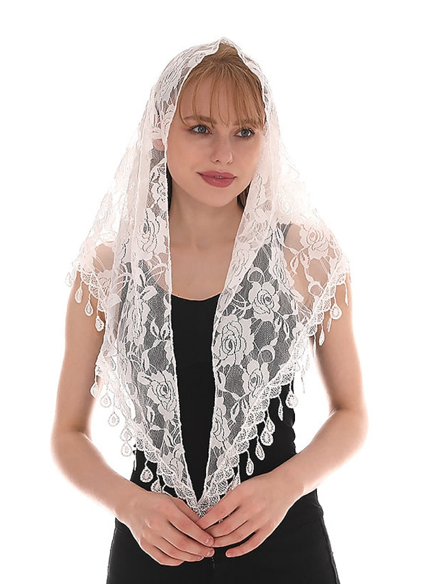 1pcs Solid Triangle Scarf for Church Shawl Catholic Church Prayer Shawl Hollow Floral Spanish Mantilla Lace Veil Wedding Cape for Women - LuckyFash™