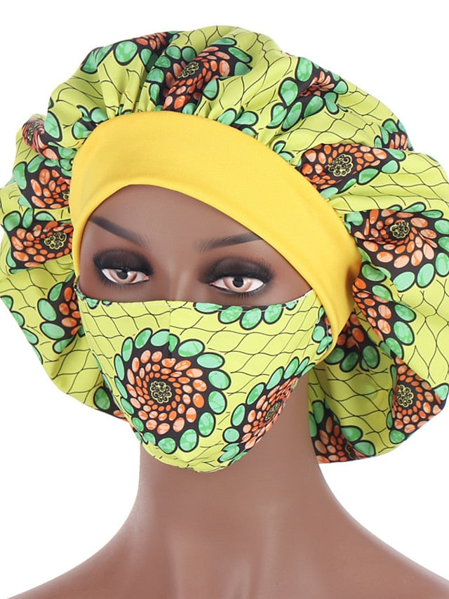 African Pattern Print Satin Bonnet Hijabs Hat Women Night Sleep Cap  with Mask Turban Extra Large Head Wear Lady Head Wrap - LuckyFash™