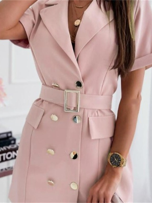 Women's Work Dress Blazer Dress Sheath Dress Mini Dress Black White Pink Short Sleeve Pure Color Lace up Summer Spring Shirt Collar Fashion Loose Fit 2023 S M L XL XXL - LuckyFash™