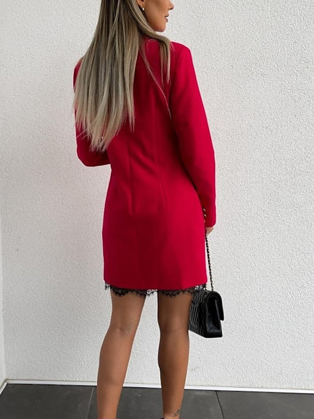 Women's Work Dress Blazer Dress Black Red Green Long Sleeve Solid Color Lace Fall Winter Turndown Streetwear 2023 S M L XL XXL - LuckyFash™