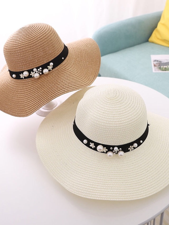 1pcs Lady Round Top Raffia Wide Brim Straw Hats Summer Sun Hats for Women With Leisure Beach Hats - LuckyFash™