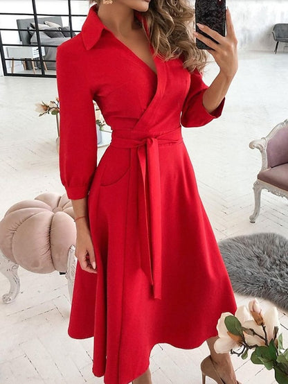 Work Dress Formal Dress Wrap Dress Midi Dress Letter printing Butterfly print Big wave point Long Sleeve Graphic Lace up Summer Spring Shirt Collar Fashion Winter Dress Office Fall Dress  for Women - LuckyFash™