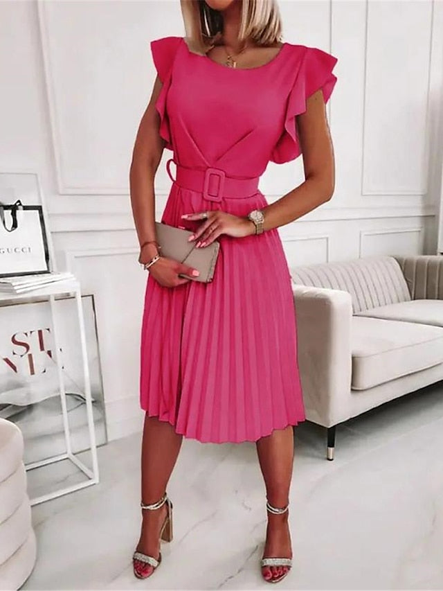 Women's Work Dress Semi Formal Dress Fashion Midi Dress Ruffle Crew Neck Short Sleeve Plain Regular Fit Pink Fuchsia Orange Spring Summer S M L XL XXL - LuckyFash™