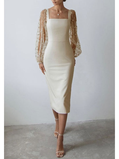 Women's Semi Formal Party Dress Sheath Dress Midi Dress Black White Long Sleeve Floral Mesh Fall Spring Square Neck Winter Dress Wedding Guest Mesh S M L XL - LuckyFash™