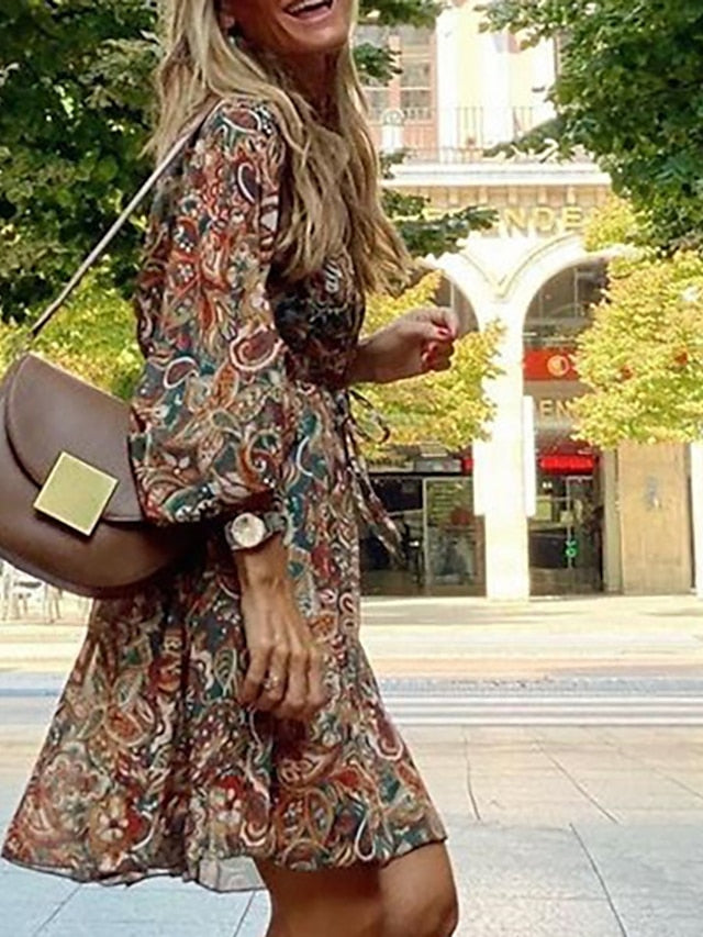 Women's A Line Dress Knee Length Dress Brown Long Sleeve Floral Print Summer Spring V Neck Casual Winter Dress Fall Dress 2023 S M L XL XXL - LuckyFash™