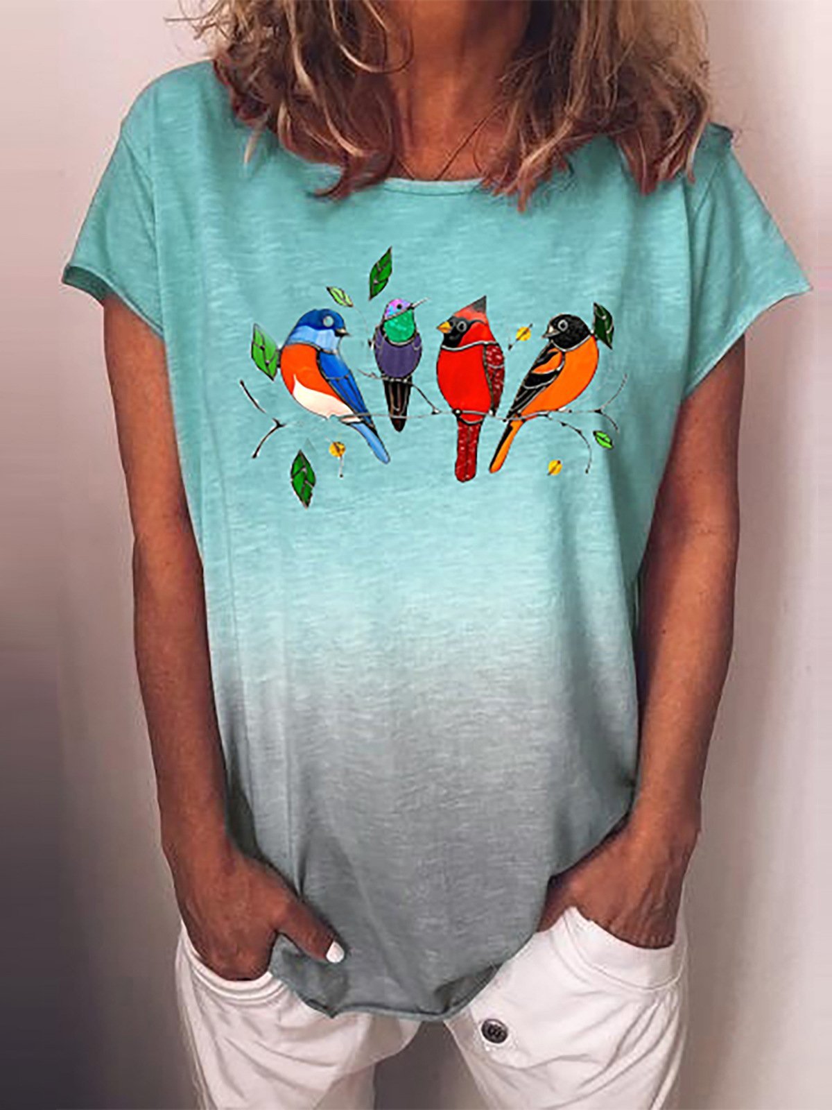 Gradient Bird Print Round Neck Short Sleeve T-shirt - LuckyFash™