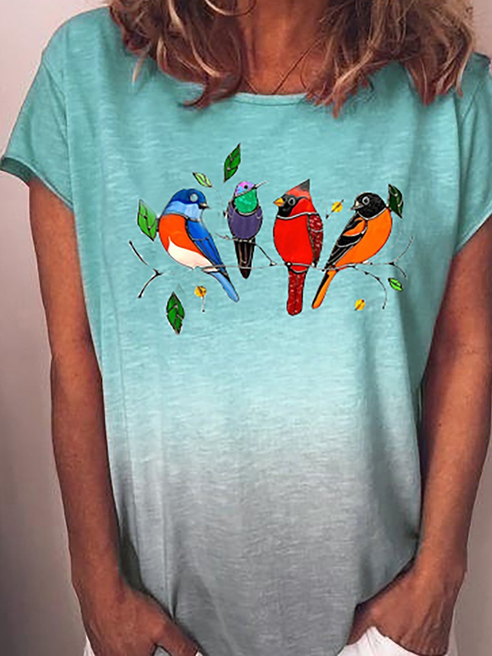 Gradient Bird Print Round Neck Short Sleeve T-shirt - LuckyFash™