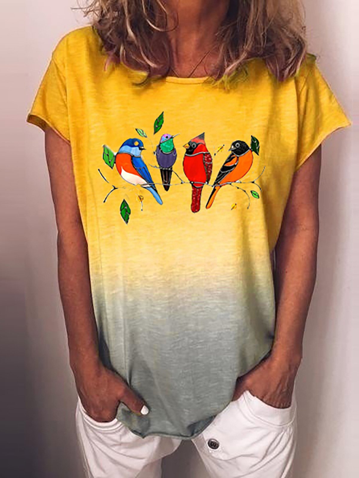 Gradient Bird Print Round Neck Short Sleeve T-shirt - LuckyFash™